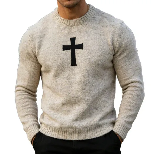 Men's Retro Casual Cross Knit Crew Neck Sweater