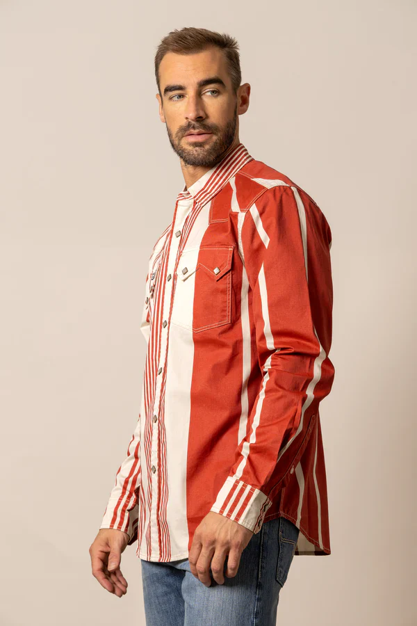 Men's L/S Bandit Striped Western Snap Shirt in Brick Red