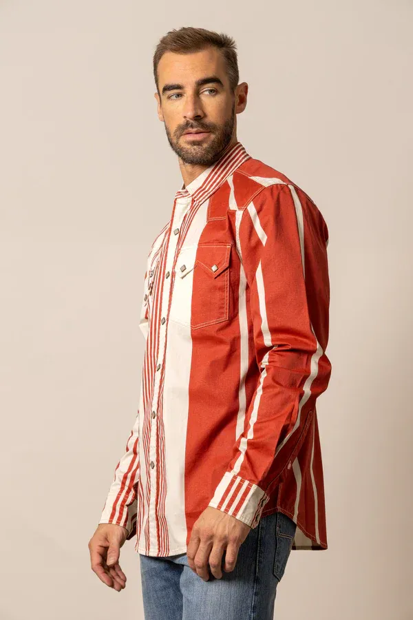 Men's L/S Bandit Striped Western Snap Shirt in Brick Red