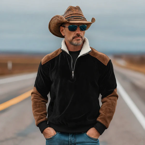 Men's Classic Vintage Western-style Stand-collar Faux Velvet Sweatshirt