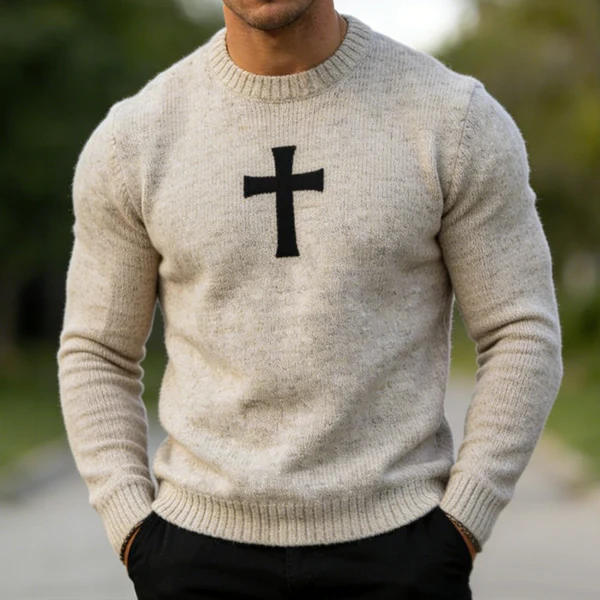 Men's Retro Casual Cross Knit Crew Neck Sweater
