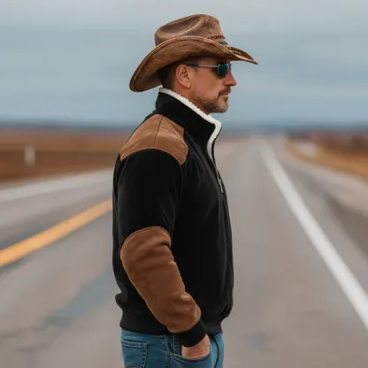 Men's Classic Vintage Western-style Stand-collar Faux Velvet Sweatshirt