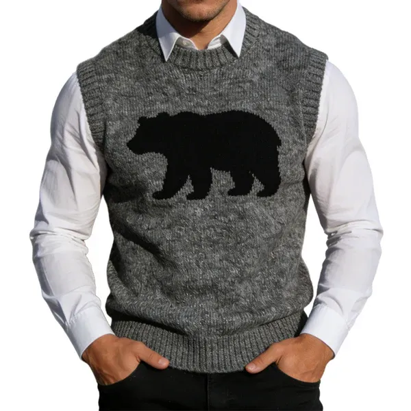 Men's Retro Casual Bear Knitted Crew Neck Vest