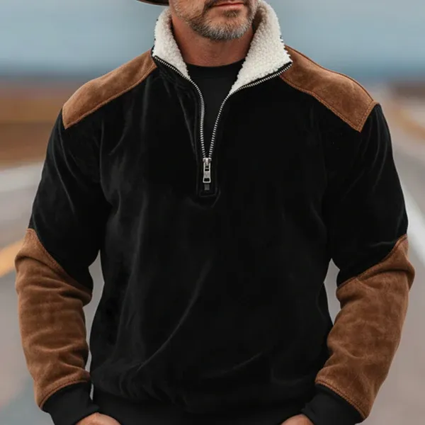 Men's Classic Vintage Western-style Stand-collar Faux Velvet Sweatshirt