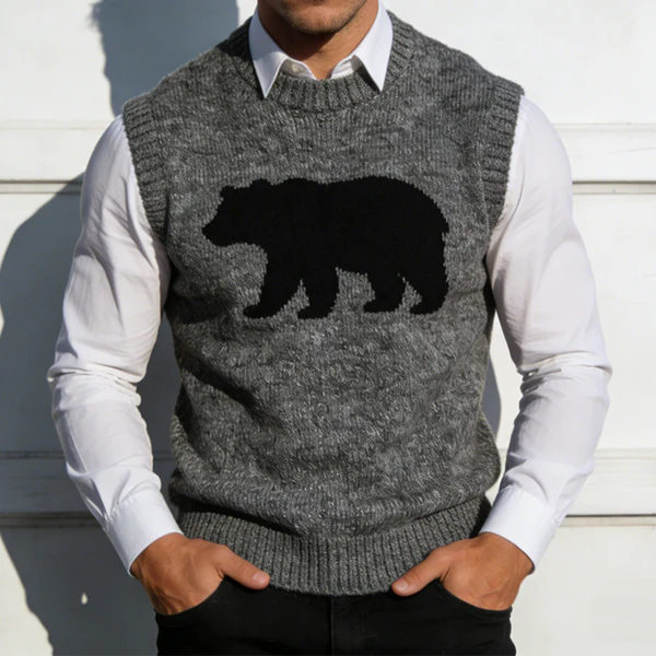 Men's Retro Casual Bear Knitted Crew Neck Vest