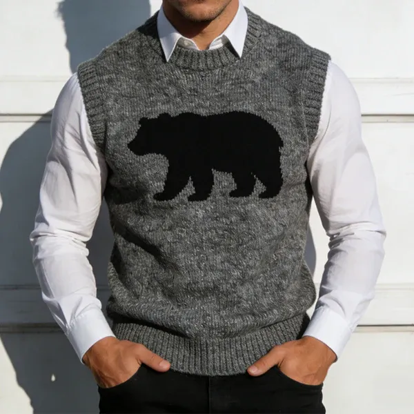 Men's Retro Casual Bear Knitted Crew Neck Vest