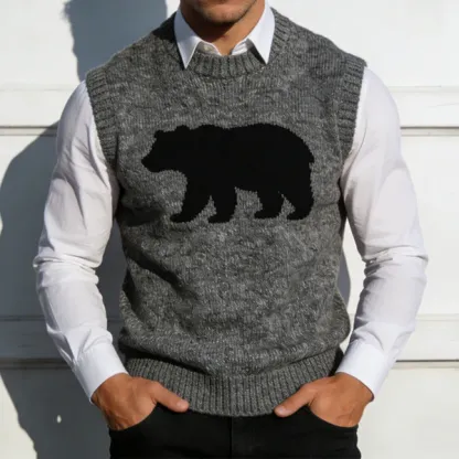 Men's Retro Casual Bear Knitted Crew Neck Vest