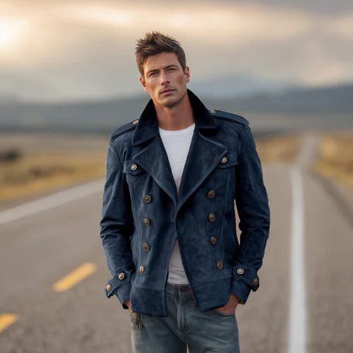 Men's Classic Retro Western Style Lapel Suede Epaulette Double-breasted Jacket