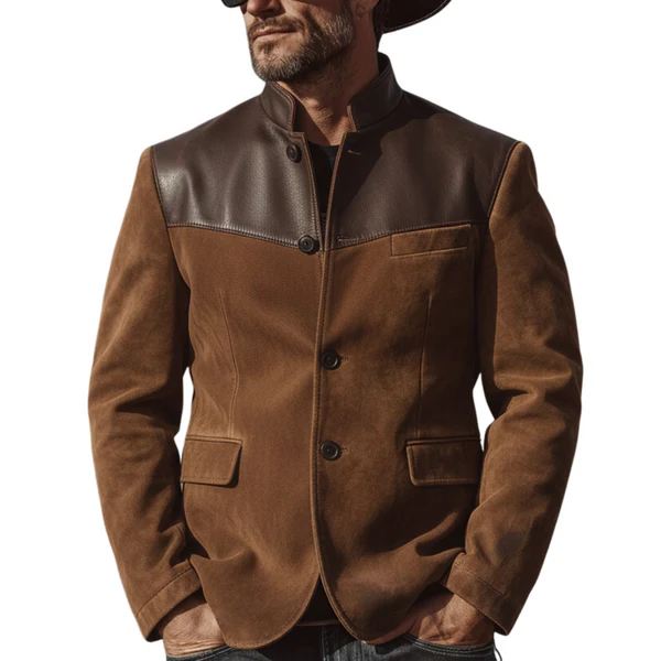 Men's Classic Vintage Western-style Stand-collar Faux Suede Single-breasted Jacket