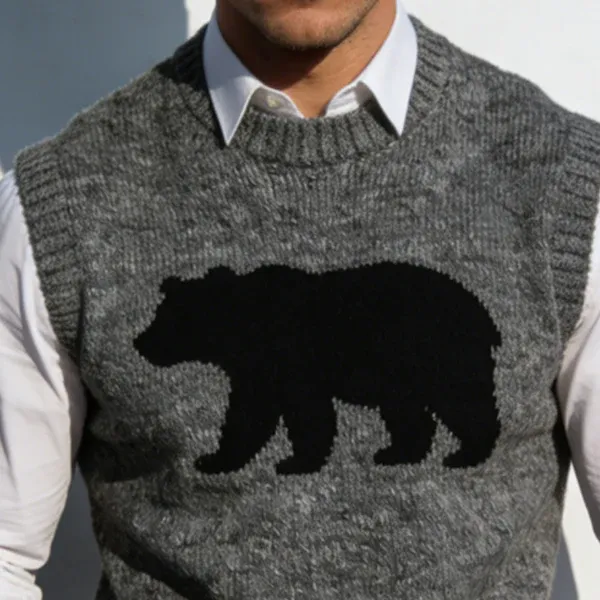 Men's Retro Casual Bear Knitted Crew Neck Vest