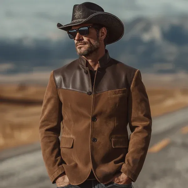 Men's Classic Vintage Western-style Stand-collar Faux Suede Single-breasted Jacket