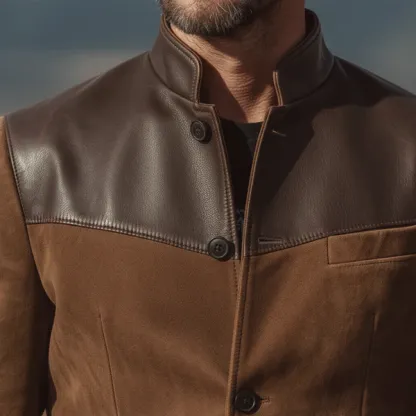 Men's Classic Vintage Western-style Stand-collar Faux Suede Single-breasted Jacket