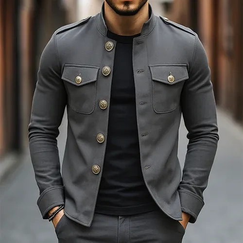 Men's Vintage Casual Solid Stand Collar Button Jacket