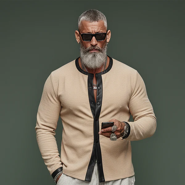 Men's Classic Vintage PU Leather And Corduroy Patchwork Slim-fit Long-sleeved Shirt