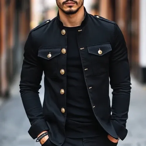 Men's Vintage Casual Solid Stand Collar Button Jacket