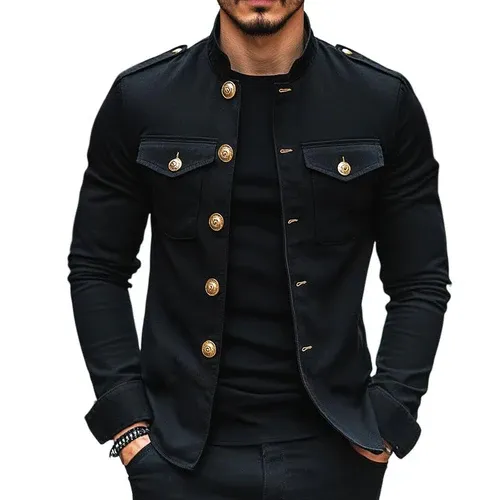 Men's Vintage Casual Solid Stand Collar Button Jacket