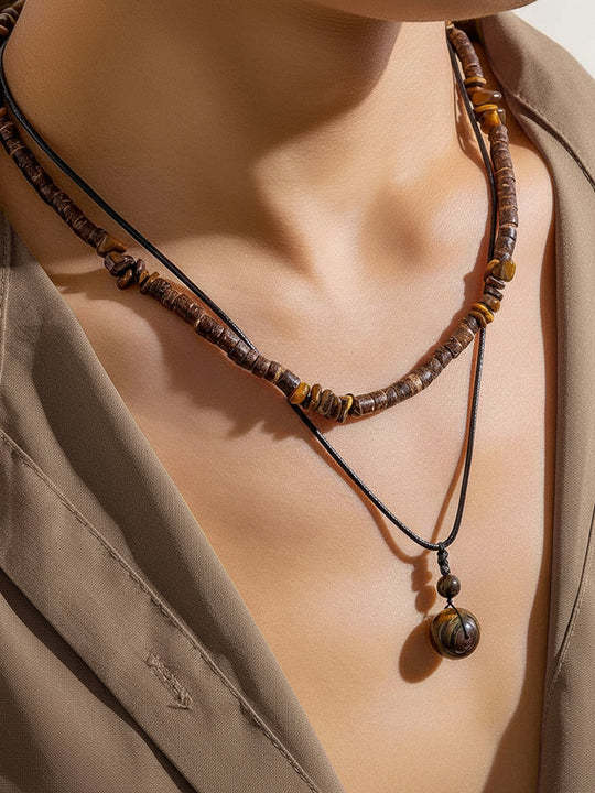 Vintage Wooden Beads Multilayer Necklace