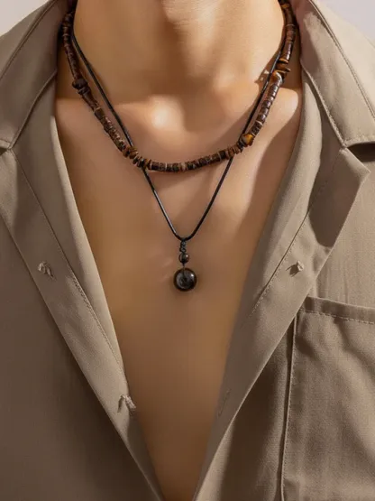 Vintage Wooden Beads Multilayer Necklace