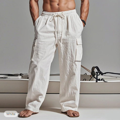 White Linen Blend Cargo Pants