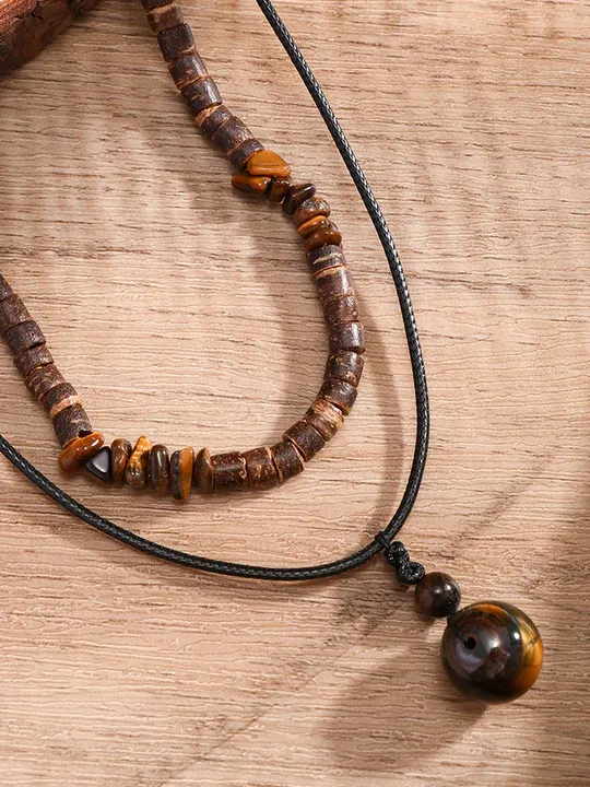 Vintage Wooden Beads Multilayer Necklace