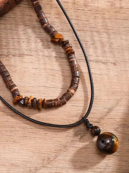 Vintage Wooden Beads Multilayer Necklace