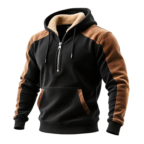 Men's Retro Contrast Faux Suede Polar Fleece Half-Zip Pullover Hoodie