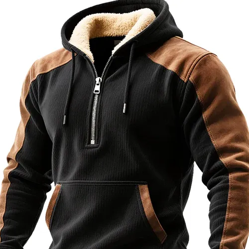 Men's Retro Contrast Faux Suede Polar Fleece Half-Zip Pullover Hoodie
