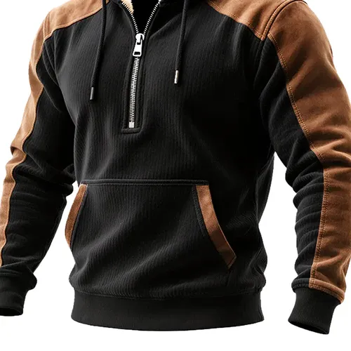 Men's Retro Contrast Faux Suede Polar Fleece Half-Zip Pullover Hoodie