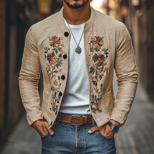 Men's Casual Linen Embroidered Stand Collar Single Breasted Slim Fit Jacket