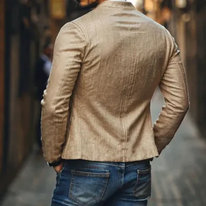Men's Casual Linen Embroidered Stand Collar Single Breasted Slim Fit Jacket