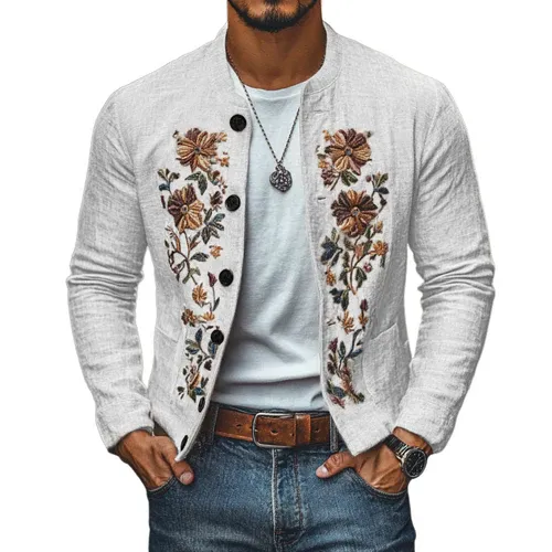 Men's Casual Linen Embroidered Stand Collar Single Breasted Slim Fit Jacket