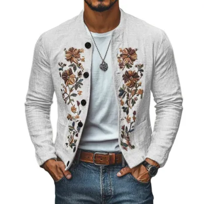 Men's Casual Linen Embroidered Stand Collar Single Breasted Slim Fit Jacket