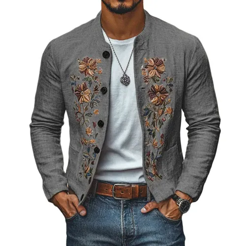 Men's Casual Linen Embroidered Stand Collar Single Breasted Slim Fit Jacket