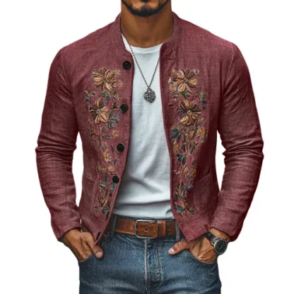 Men's Casual Linen Embroidered Stand Collar Single Breasted Slim Fit Jacket