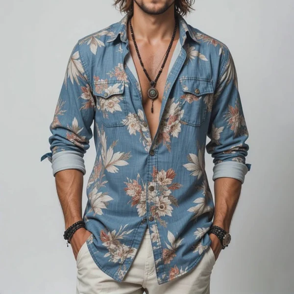 Men's Floral Lapel Chest Pocket Long Sleeve Shirt