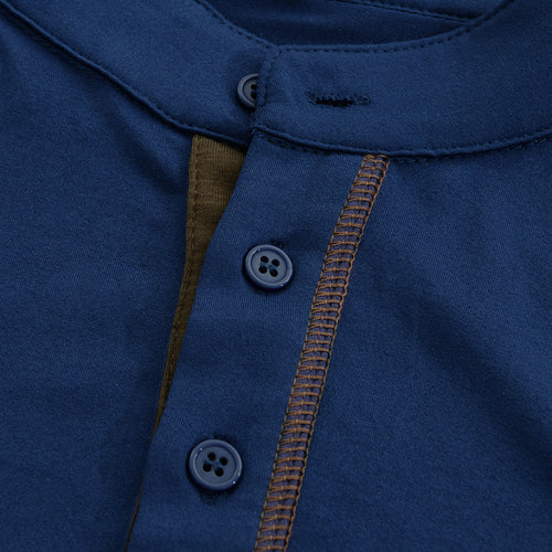 Men's Casual Colorblock Henley Collar Cotton Short Sleeve T-Shirt