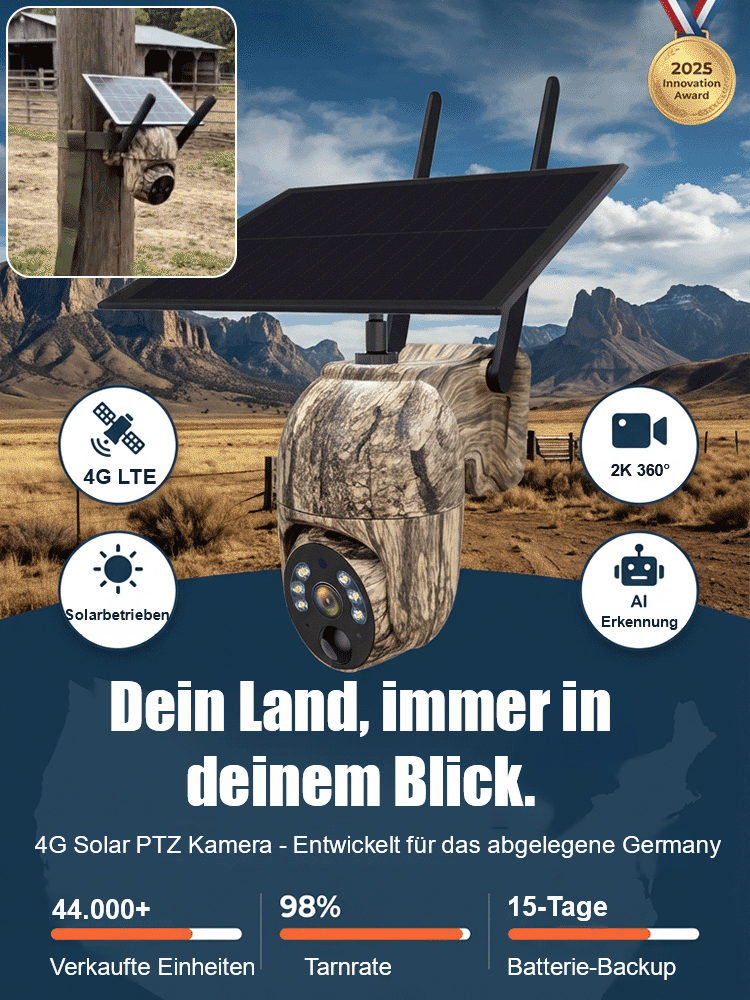 Solar-PTZ-Kamera Außen – Kabellos, Wetterfest, 360° Sicht, Nachtsicht