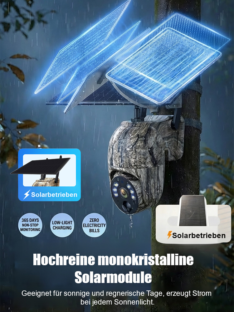 Solar-PTZ-Kamera Außen – Kabellos, Wetterfest, 360° Sicht, Nachtsicht