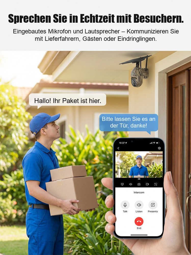 Solar-PTZ-Kamera Außen – Kabellos, Wetterfest, 360° Sicht, Nachtsicht