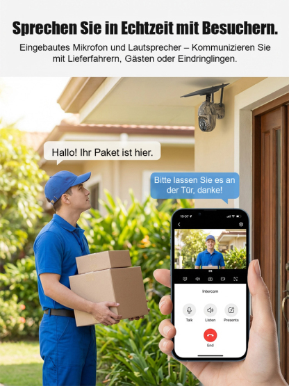 Solar-PTZ-Kamera Außen – Kabellos, Wetterfest, 360° Sicht, Nachtsicht