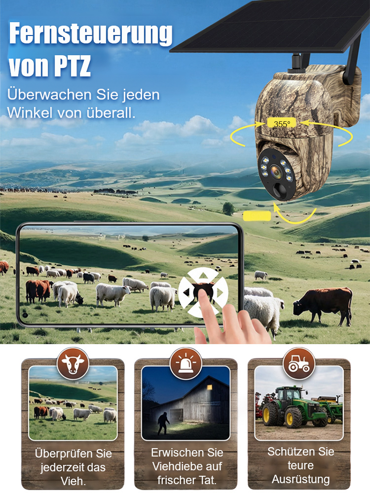 Solar-PTZ-Kamera Außen – Kabellos, Wetterfest, 360° Sicht, Nachtsicht