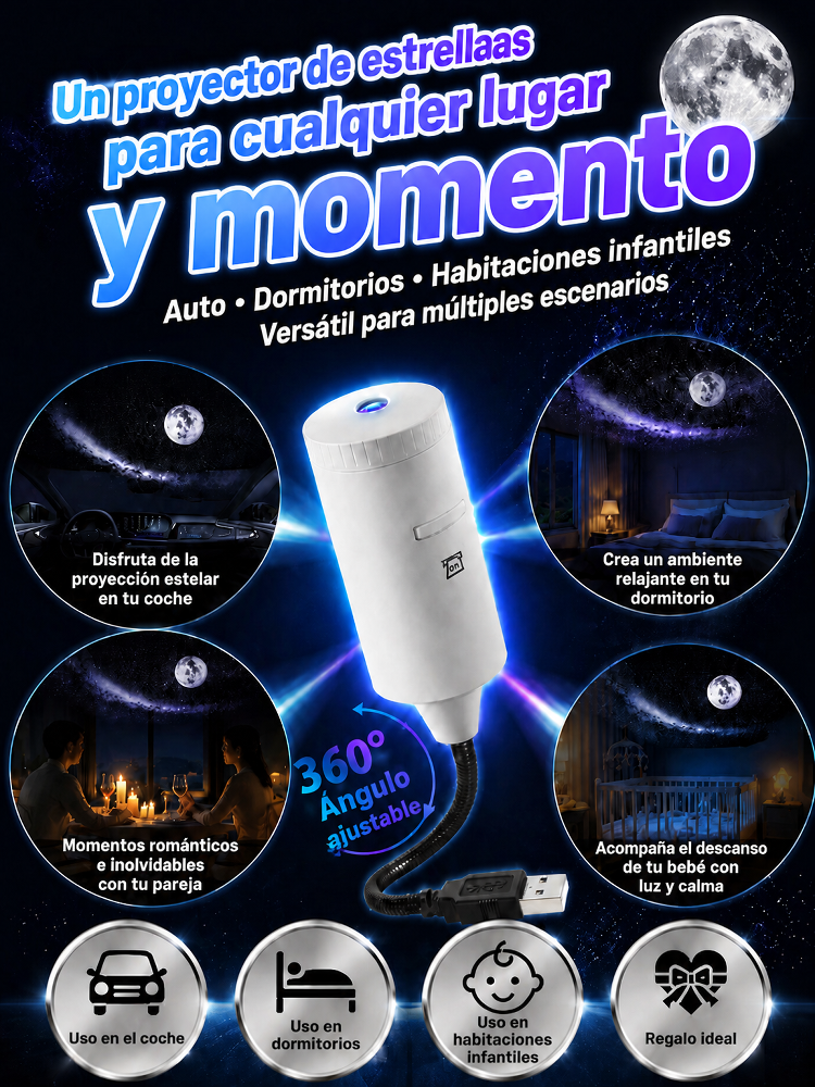 Proyector de estrellas: Tecnología de proyección 5D en súper alta definición. ¡En solo 1 segundo, transforma tu cuarto o tu carro en un inmenso universo!