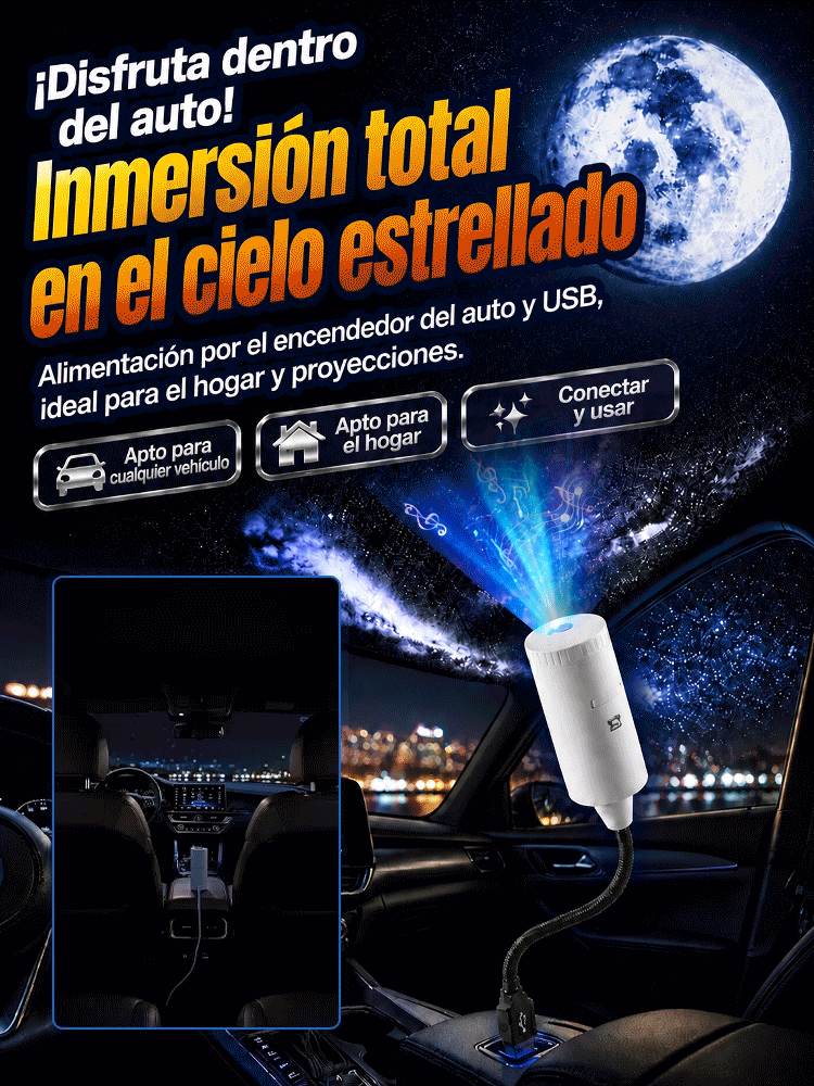 Proyector de estrellas: Tecnología de proyección 5D en súper alta definición. ¡En solo 1 segundo, transforma tu cuarto o tu carro en un inmenso universo!