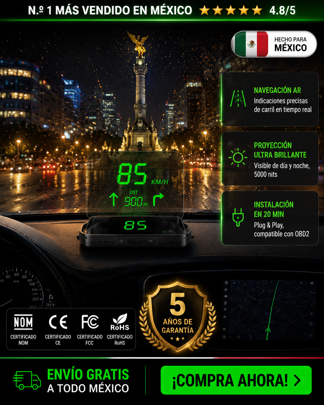 ¡En solo 1 segundo, cualquier auto se convierte en un Navegador con IA!【Copiloto Inteligente HUD】Queda perfecto en cualquier vehículo, ya sea auto, SUV, pickup o camper