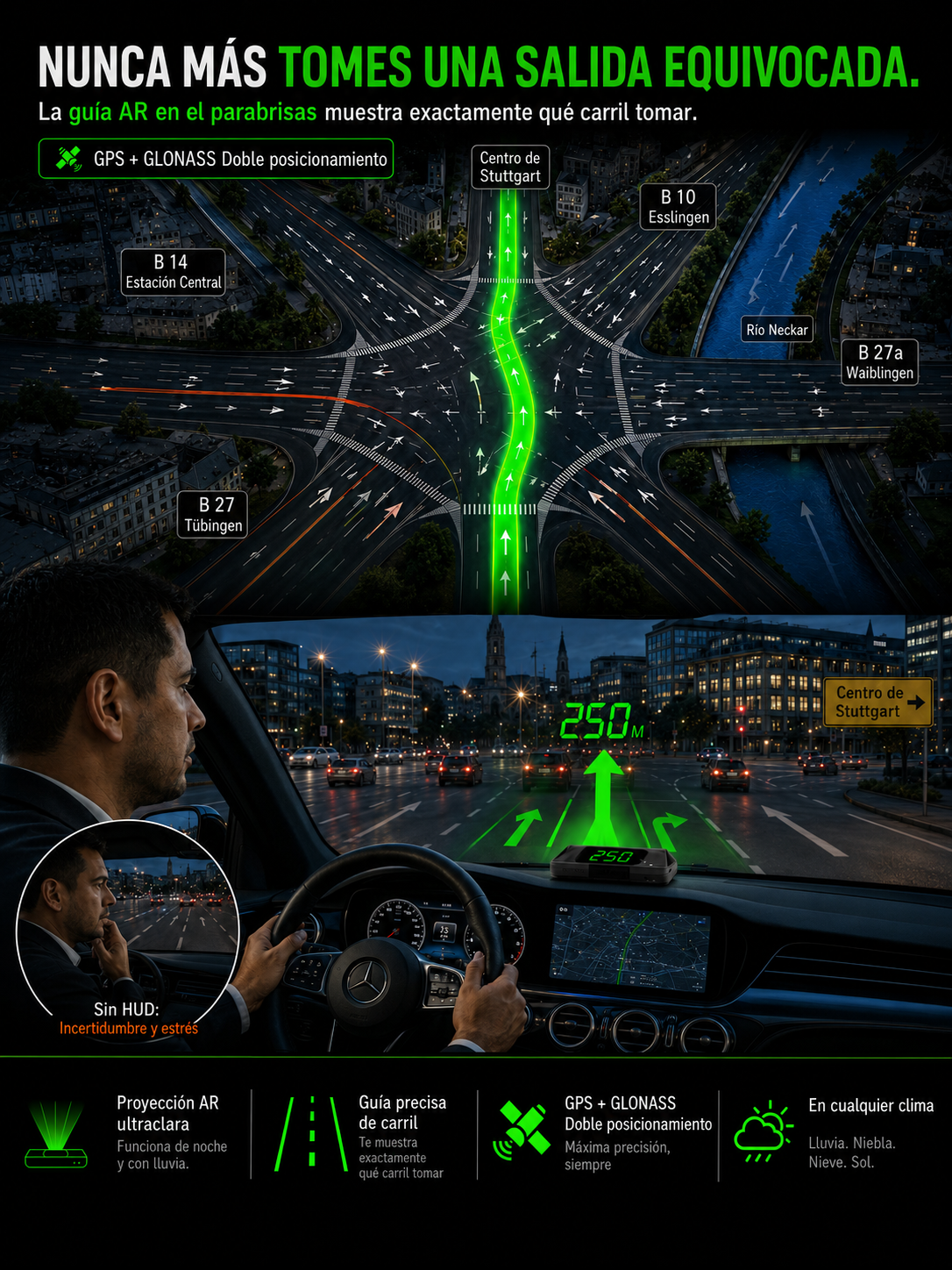 ¡En solo 1 segundo, cualquier auto se convierte en un Navegador con IA!【Copiloto Inteligente HUD】Queda perfecto en cualquier vehículo, ya sea auto, SUV, pickup o camper