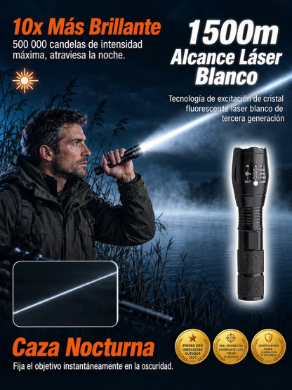 Linterna láser blanca de alta potencia con zoom ajustable | Alcance de 1500m | 10,000 Lúmenes | Más de 12h de Autonomía