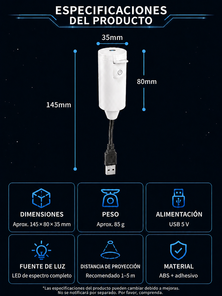 Proyector de estrellas: Tecnología de proyección 5D en súper alta definición. ¡En solo 1 segundo, transforma tu cuarto o tu carro en un inmenso universo!