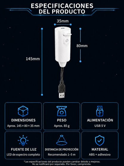 Proyector de estrellas: Tecnología de proyección 5D en súper alta definición. ¡En solo 1 segundo, transforma tu cuarto o tu carro en un inmenso universo!