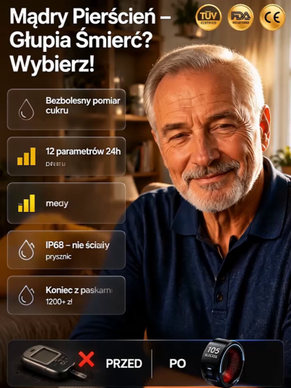 🩺Bezbolesny Monitor Cukru i Ciśnienia 24h - Inteligentny Pierścień, Bezbolesny Pomiar Cukru i Ciśnienia, Bez Pasków Testowych!