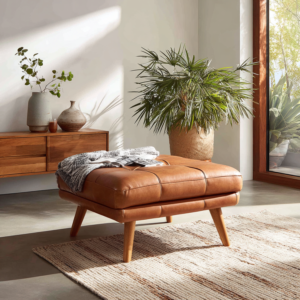 Pouf in pelle color cuoio 80x80x45 cm - design moderno - pelle sintetica - cuoio-Hutare